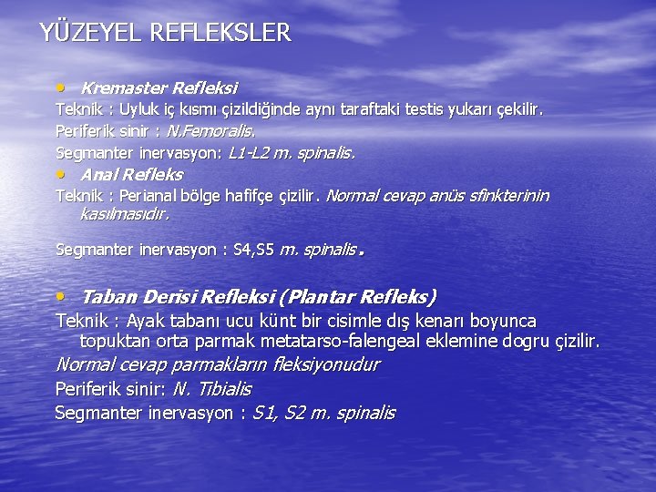 YÜZEYEL REFLEKSLER • Kremaster Refleksi Teknik : Uyluk iç kısmı çizildiğinde aynı taraftaki testis