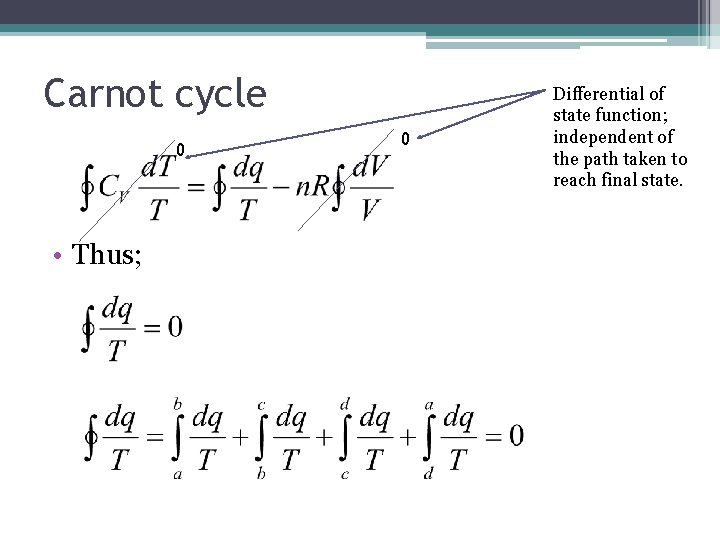 Carnot cycle 0 • Thus; 0 Differential of state function; independent of the path