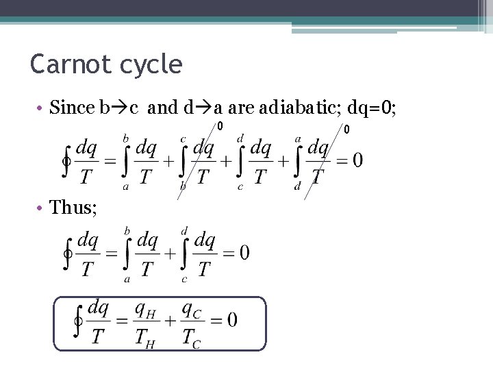 Carnot cycle • Since b c and d a are adiabatic; dq=0; 0 •