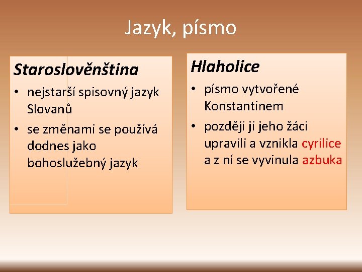 Jazyk, písmo Staroslověnština Hlaholice • nejstarší spisovný jazyk Slovanů • se změnami se používá