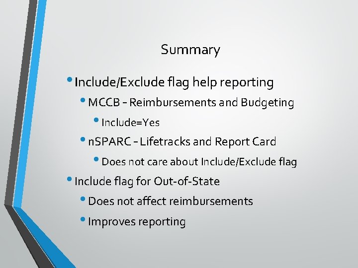 Summary • Include/Exclude flag help reporting • MCCB – Reimbursements and Budgeting • Include=Yes