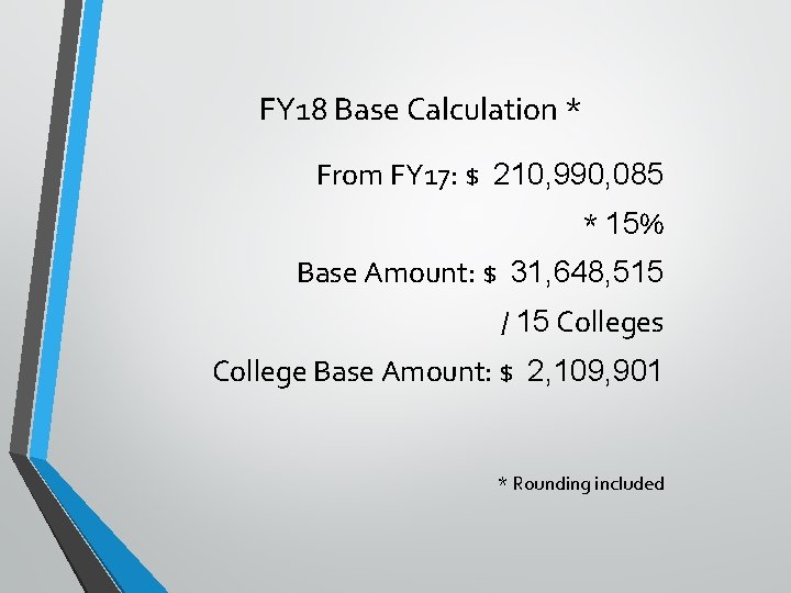 FY 18 Base Calculation * From FY 17: $ 210, 990, 085 * 15%