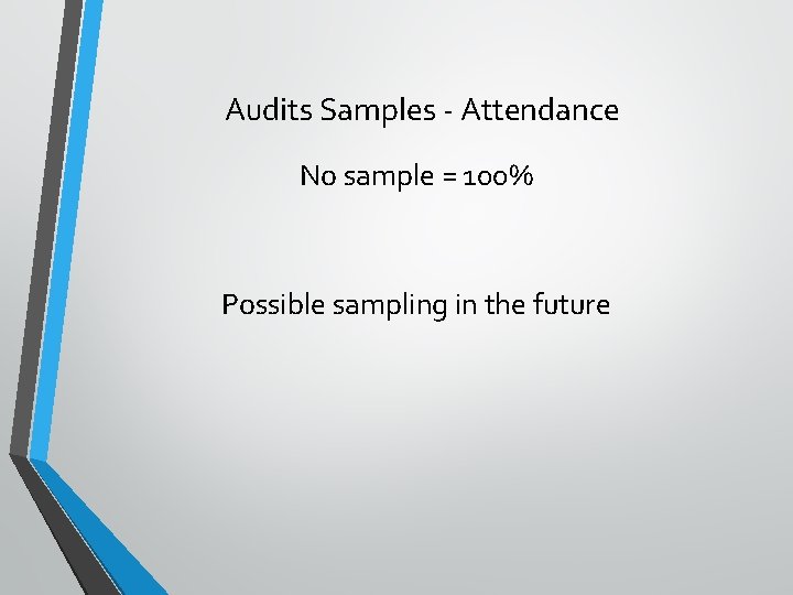 Audits Samples - Attendance No sample = 100% Possible sampling in the future 