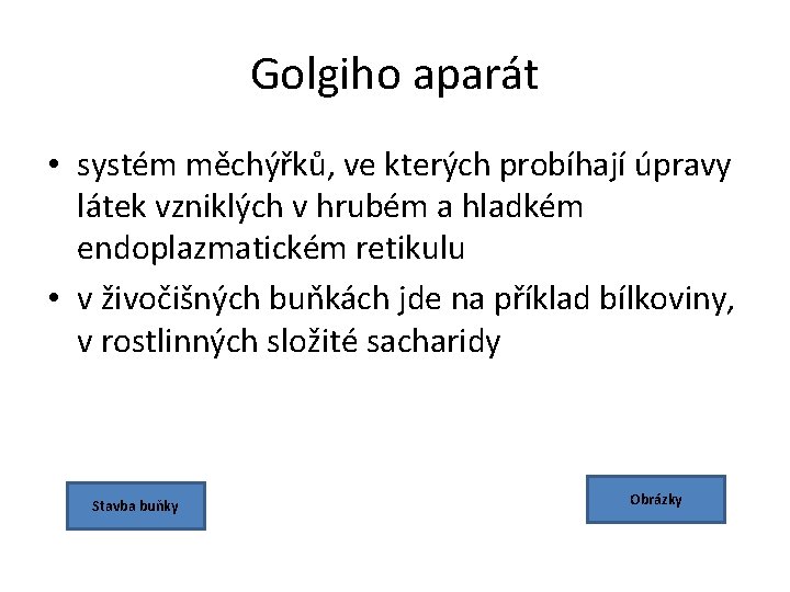 Golgiho aparát • systém měchýřků, ve kterých probíhají úpravy látek vzniklých v hrubém a