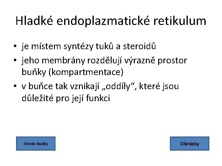 Hladké endoplazmatické retikulum • je místem syntézy tuků a steroidů • jeho membrány rozdělují