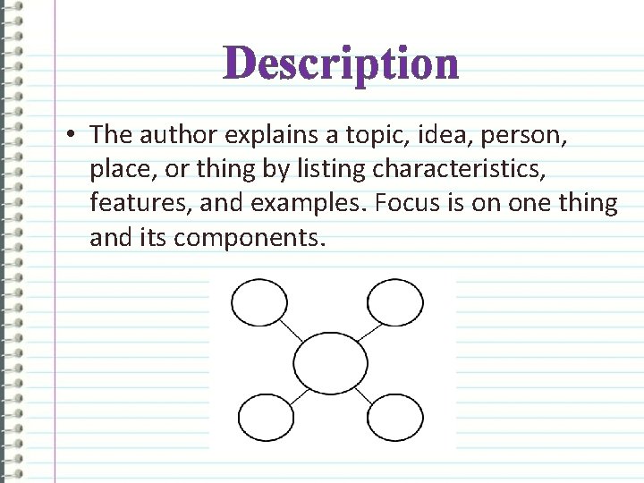 Description • The author explains a topic, idea, person, place, or thing by listing