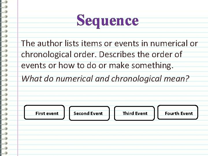 Sequence The author lists items or events in numerical or chronological order. Describes the