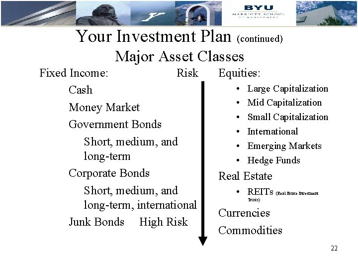 Your Investment Plan (continued) Major Asset Classes Fixed Income: Risk • Cash • Money