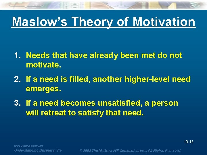 Maslow’s Theory of Motivation 1. Needs that have already been met do not motivate.