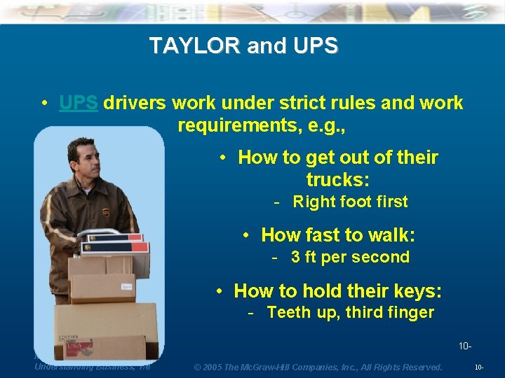 TAYLOR and UPS • UPS drivers work under strict rules and work requirements, e.