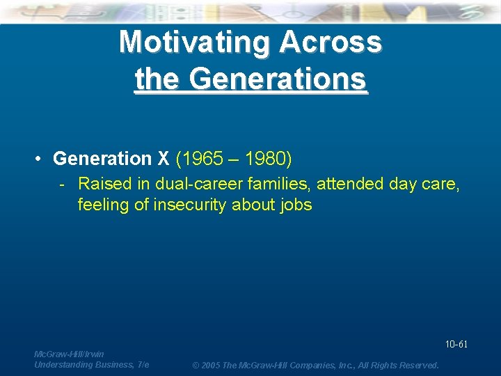 Motivating Across the Generations • Generation X (1965 – 1980) - Raised in dual-career