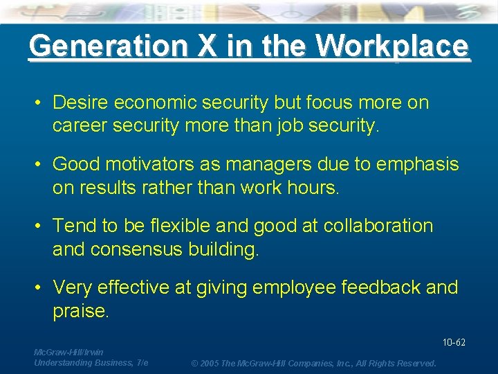 Generation X in the Workplace • Desire economic security but focus more on career