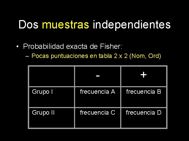 Dos muestras independientes • Probabilidad exacta de Fisher: – Pocas puntuaciones en tabla 2