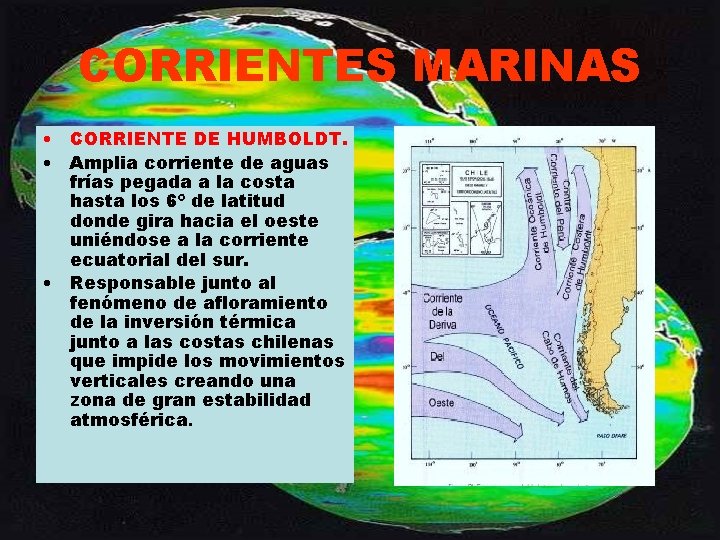 CORRIENTES MARINAS • CORRIENTE DE HUMBOLDT. • Amplia corriente de aguas frías pegada a