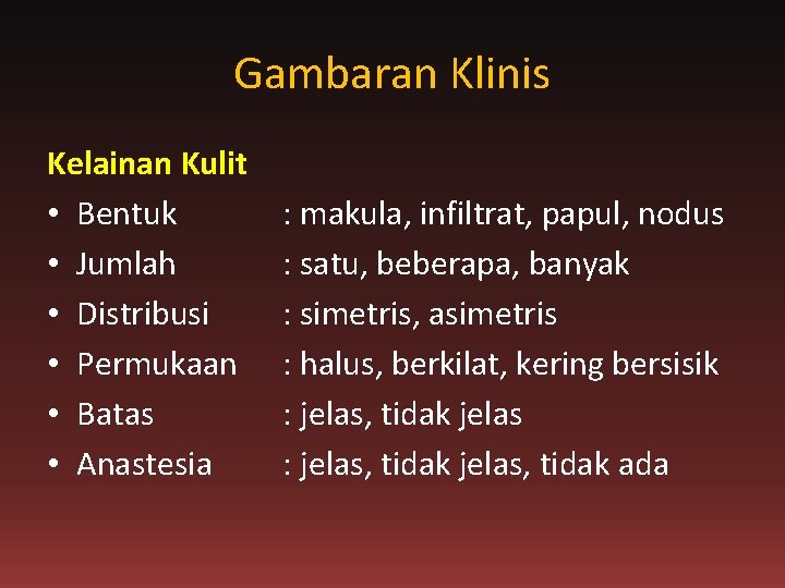 Gambaran Klinis Kelainan Kulit • Bentuk • Jumlah • Distribusi • Permukaan • Batas