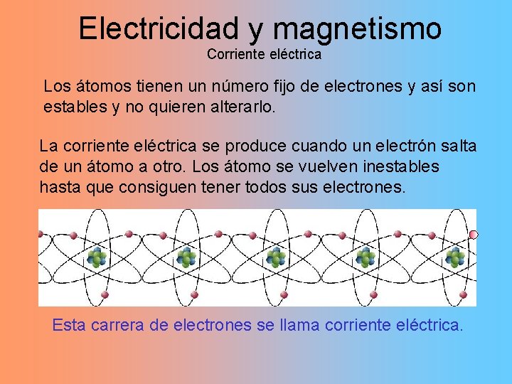 Electricidad y magnetismo Corriente eléctrica Los átomos tienen un número fijo de electrones y