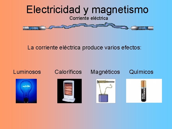 Electricidad y magnetismo Corriente eléctrica La corriente eléctrica produce varios efectos: Luminosos Caloríficos Magnéticos