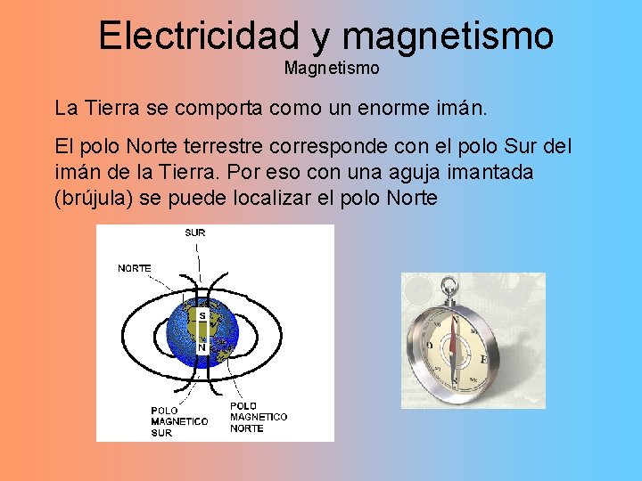 Electricidad y magnetismo Magnetismo La Tierra se comporta como un enorme imán. El polo