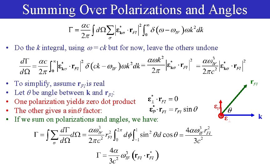 Summing Over Polarizations and Angles • Do the k integral, using = ck but