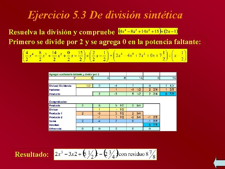 Ejercicio 5. 3 De división sintética Resuelva la división y compruebe Primero se divide