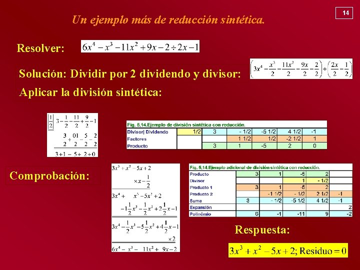 Un ejemplo más de reducción sintética. Resolver: Solución: Dividir por 2 dividendo y divisor: