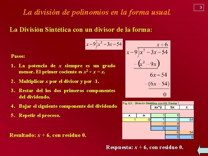 La división de polinomios en la forma usual. La División Sintética con un divisor