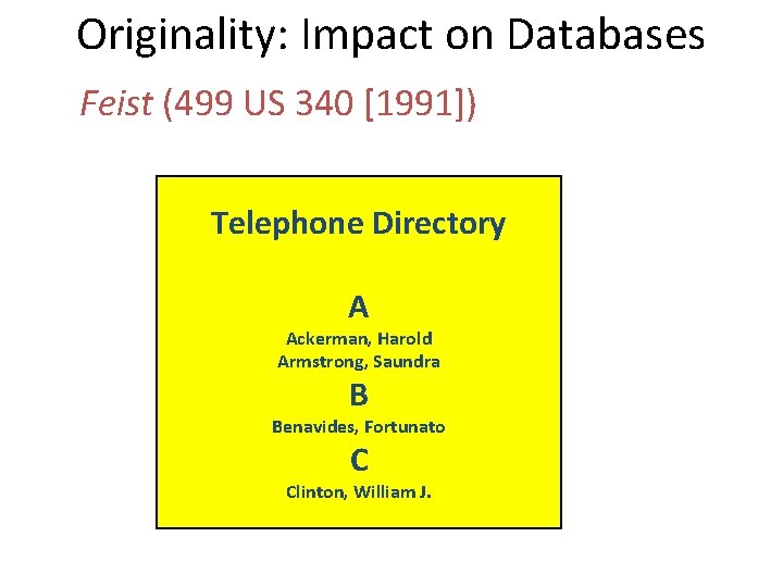 Originality: Impact on Databases Feist (499 US 340 [1991]) Telephone Directory A Ackerman, Harold