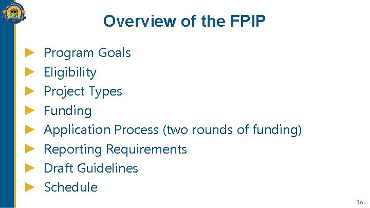 Overview of the FPIP Program Goals Eligibility Project Types Funding Application Process (two rounds Overview of the FPIP Program Goals Eligibility Project Types Funding Application Process (two rounds