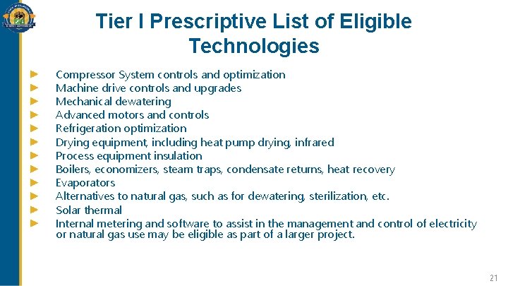 Tier I Prescriptive List of Eligible Technologies Compressor System controls and optimization Machine drive Tier I Prescriptive List of Eligible Technologies Compressor System controls and optimization Machine drive