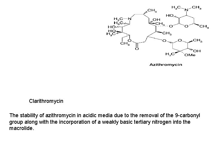 Clarithromycin The stability of azithromycin in acidic media due to the removal of the