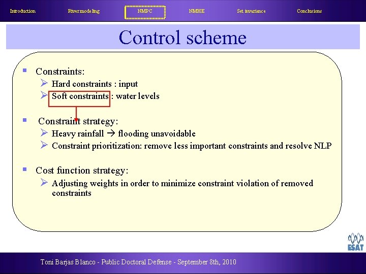 Introduction River modeling NMPC NMHE Set invariance Conclusions Control scheme § Constraints: Ø Hard