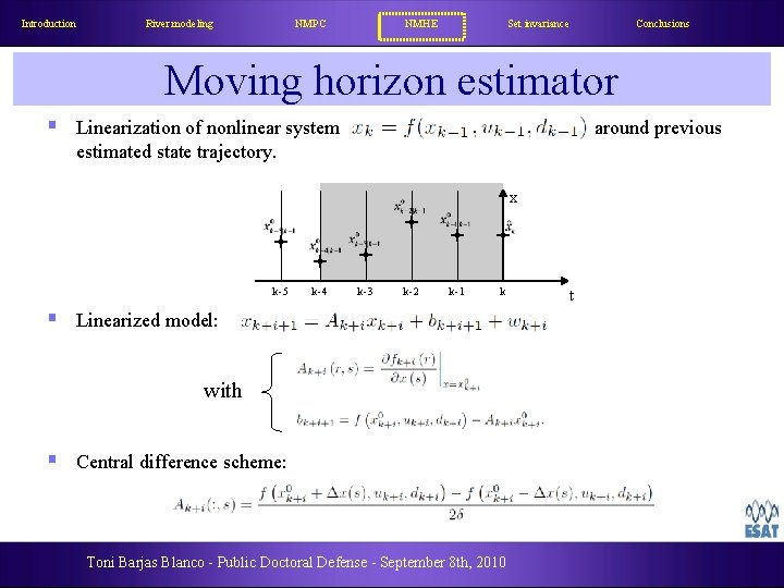 Introduction River modeling NMPC NMHE Set invariance Conclusions Moving horizon estimator § Linearization of