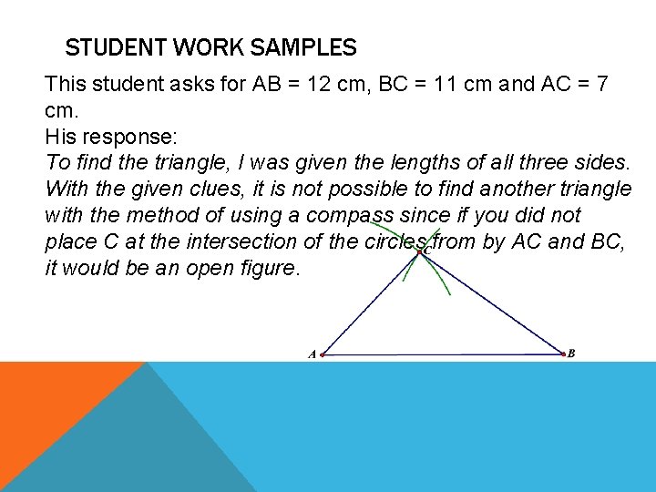 STUDENT WORK SAMPLES This student asks for AB = 12 cm, BC = 11