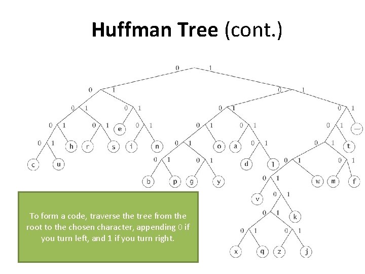 Huffman Tree (cont. ) To form a code, traverse the tree from the root