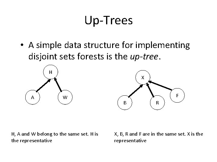 Up-Trees • A simple data structure for implementing disjoint sets forests is the up-tree.