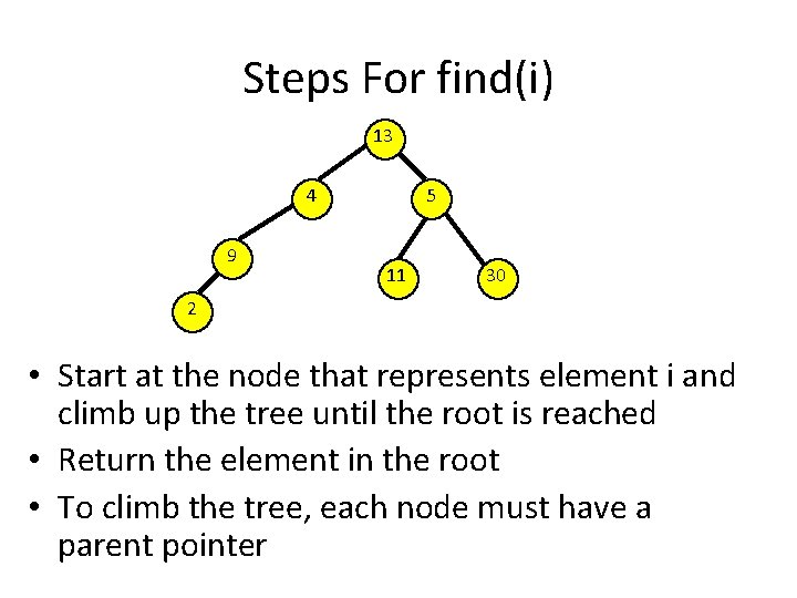 Steps For find(i) 13 4 9 5 11 30 2 • Start at the