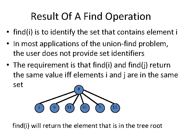 Result Of A Find Operation • find(i) is to identify the set that contains