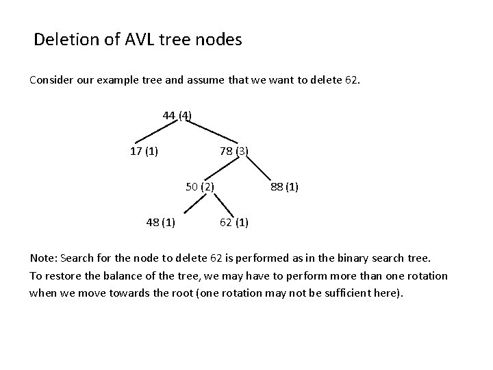 Deletion of AVL tree nodes Consider our example tree and assume that we want