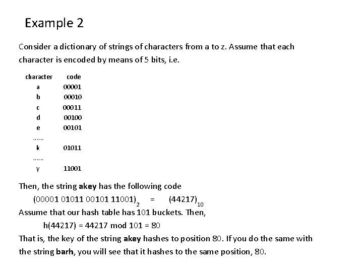 Example 2 Consider a dictionary of strings of characters from a to z. Assume