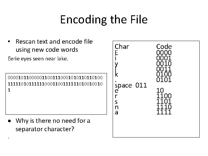 Encoding the File • Rescan text and encode file using new code words Eerie