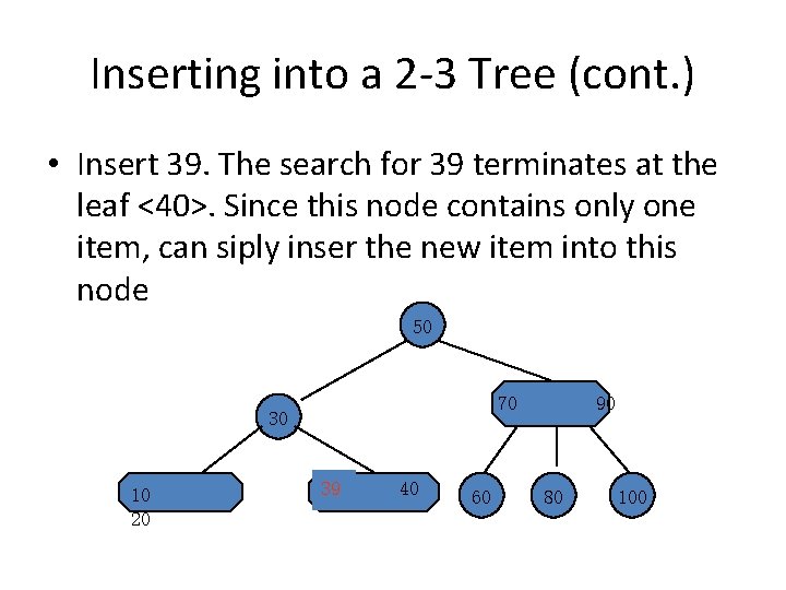 Inserting into a 2 -3 Tree (cont. ) • Insert 39. The search for