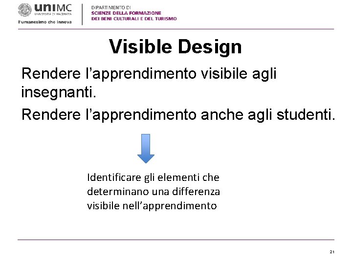 Visible Design Rendere l’apprendimento visibile agli insegnanti. Rendere l’apprendimento anche agli studenti. Identificare gli