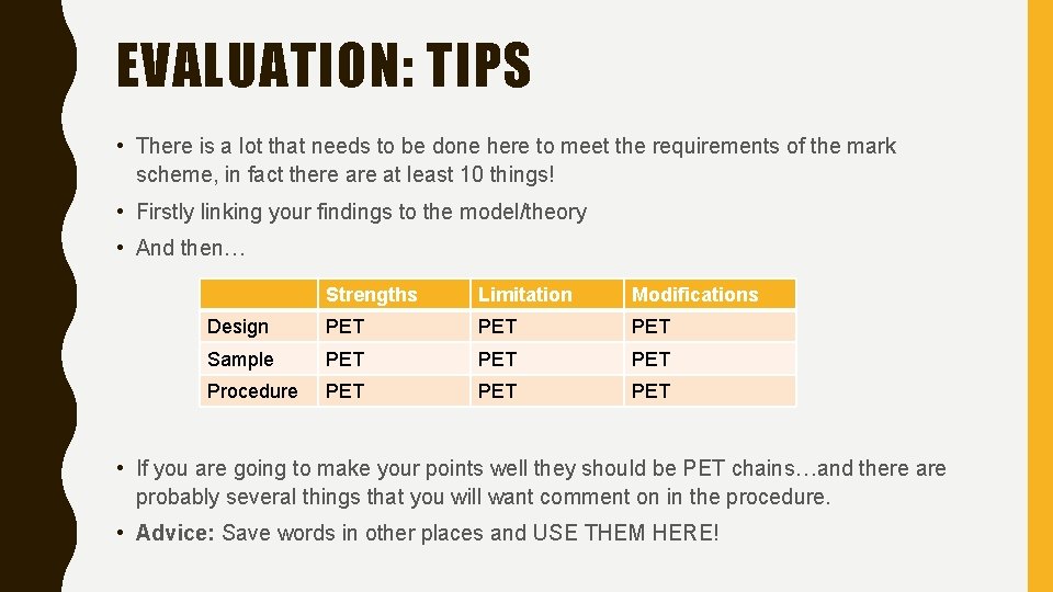 EVALUATION: TIPS • There is a lot that needs to be done here to