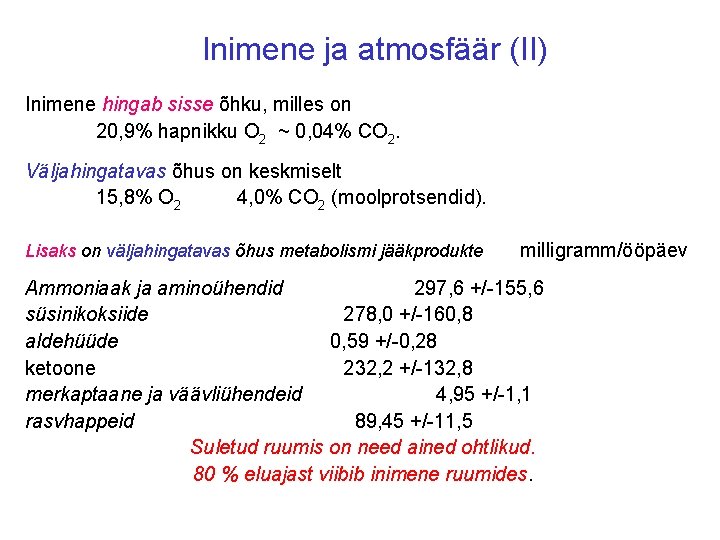 Inimene ja atmosfäär (II) Inimene hingab sisse õhku, milles on 20, 9% hapnikku O
