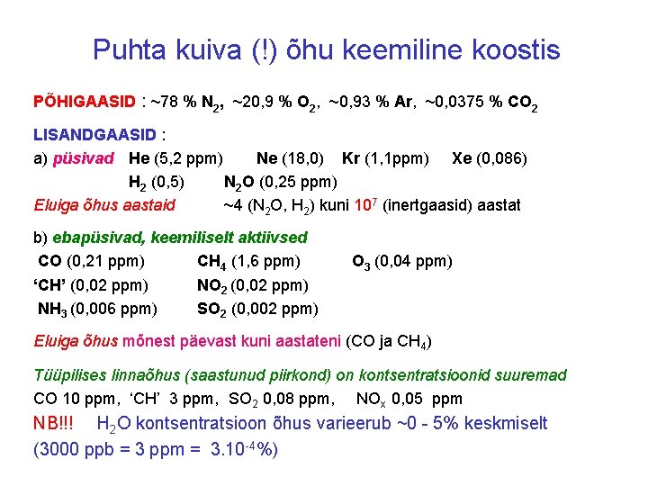 Puhta kuiva (!) õhu keemiline koostis PÕHIGAASID : ~78 % N 2, ~20, 9