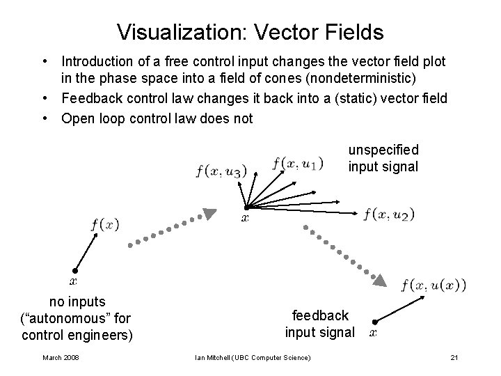 Visualization: Vector Fields • Introduction of a free control input changes the vector field Visualization: Vector Fields • Introduction of a free control input changes the vector field