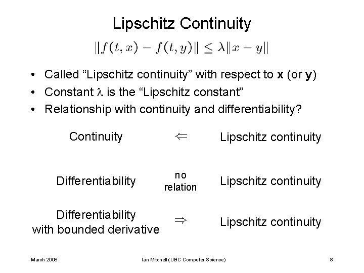 Lipschitz Continuity • Called “Lipschitz continuity” with respect to x (or y) • Constant Lipschitz Continuity • Called “Lipschitz continuity” with respect to x (or y) • Constant