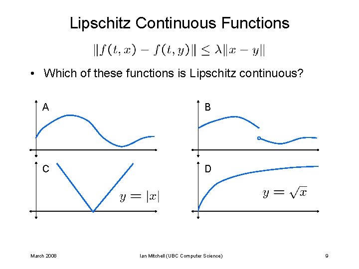 Lipschitz Continuous Functions • Which of these functions is Lipschitz continuous? A B C Lipschitz Continuous Functions • Which of these functions is Lipschitz continuous? A B C