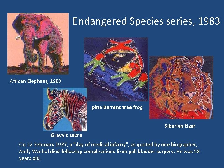  Endangered Species series, 1983 African Elephant, 1983 pine barrens tree frog Siberian tiger
