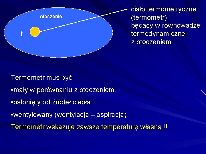 otoczenie t ciało termometryczne (termometr) będący w równowadze termodynamicznej z otoczeniem Termometr mus być: